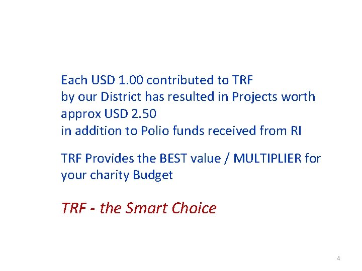 Each USD 1. 00 contributed to TRF by our District has resulted in Projects