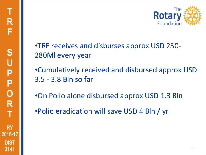  • TRF receives and disburses approx USD 250280 Ml every year • Cumulatively