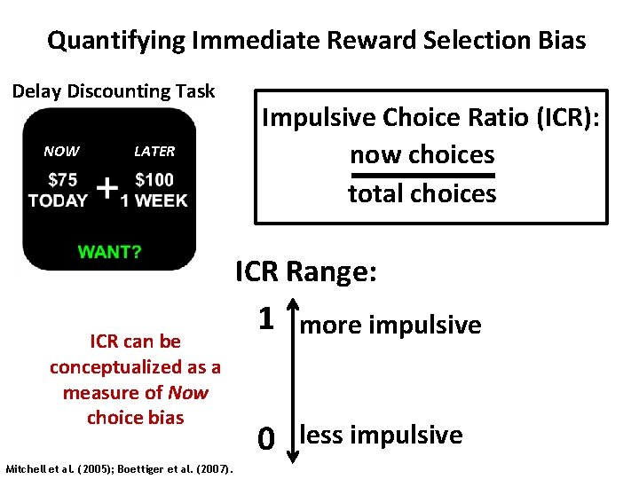 Quantifying Immediate Reward Selection Bias Delay Discounting Task NOW LATER Impulsive Choice Ratio (ICR): Quantifying Immediate Reward Selection Bias Delay Discounting Task NOW LATER Impulsive Choice Ratio (ICR):