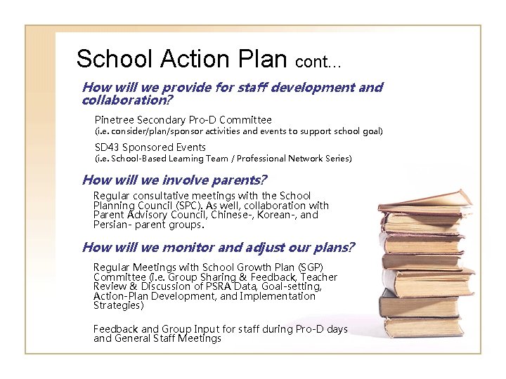 School Action Plan cont… How will we provide for staff development and collaboration? Pinetree School Action Plan cont… How will we provide for staff development and collaboration? Pinetree