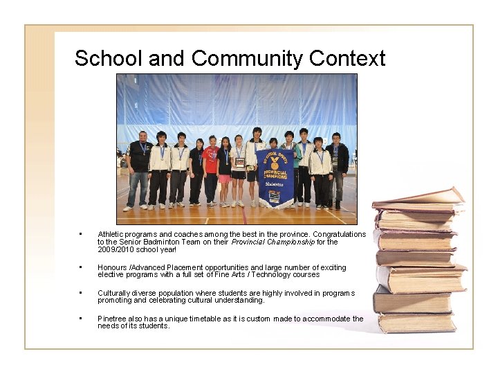 School and Community Context • Athletic programs and coaches among the best in the School and Community Context • Athletic programs and coaches among the best in the
