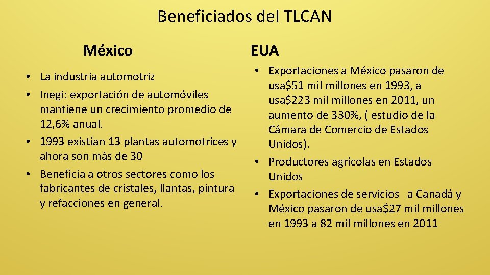 Beneficiados del TLCAN México • La industria automotriz • Inegi: exportación de automóviles mantiene