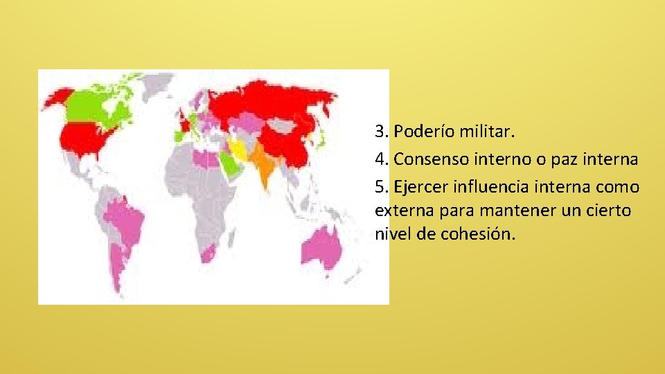 3. Poderío militar. 4. Consenso interno o paz interna 5. Ejercer influencia interna como