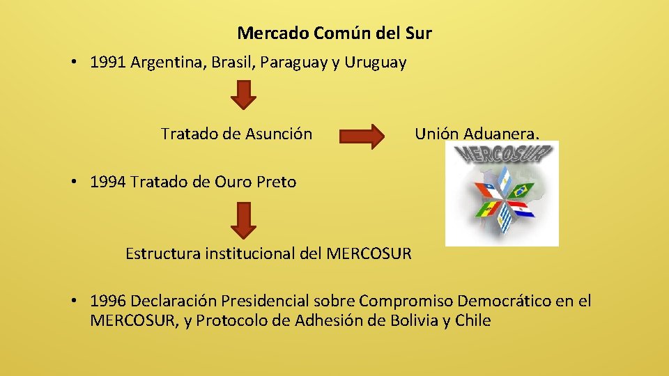 Mercado Común del Sur • 1991 Argentina, Brasil, Paraguay y Uruguay Tratado de Asunción