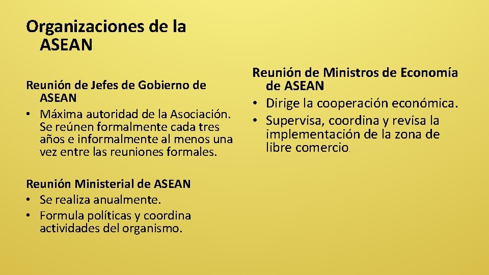 Organizaciones de la ASEAN Reunión de Jefes de Gobierno de ASEAN • Máxima autoridad