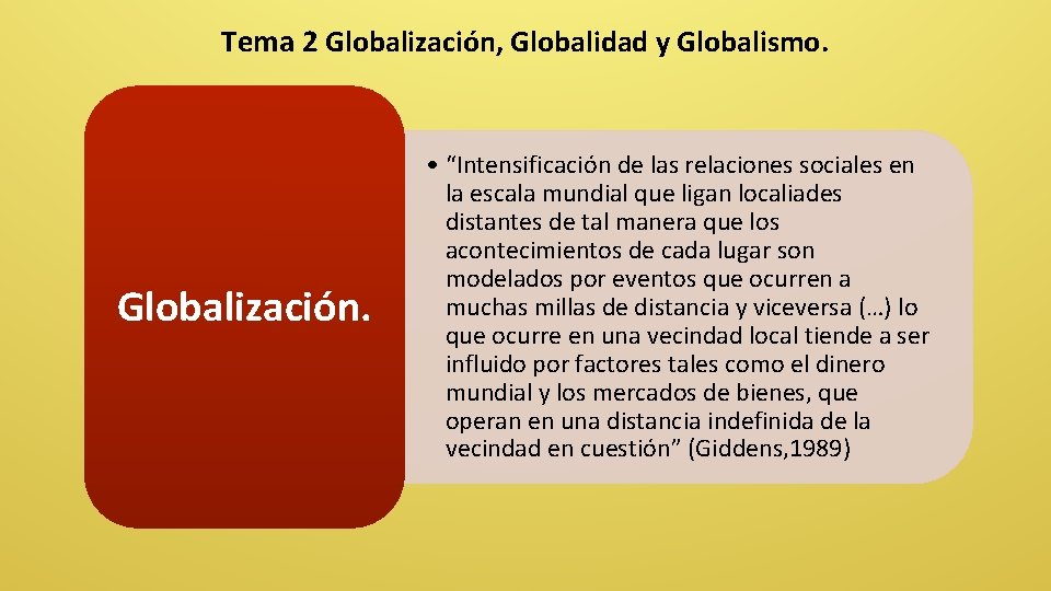 Tema 2 Globalización, Globalidad y Globalismo. Globalización. • “Intensificación de las relaciones sociales en