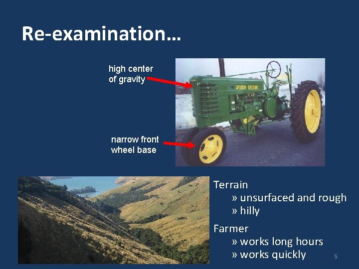 Re-examination… high center of gravity narrow front wheel base Terrain » unsurfaced and rough Re-examination… high center of gravity narrow front wheel base Terrain » unsurfaced and rough