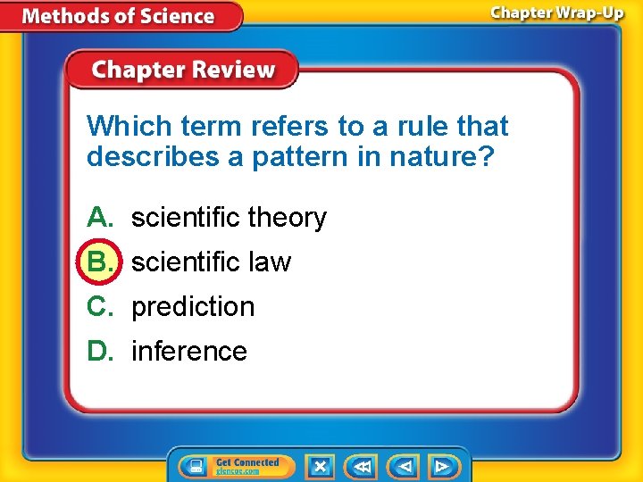 Which term refers to a rule that describes a pattern in nature? A. scientific
