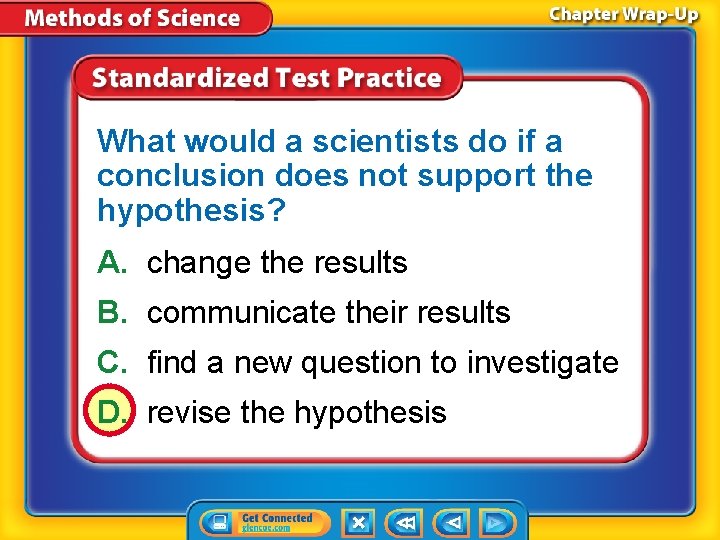 What would a scientists do if a conclusion does not support the hypothesis? A.