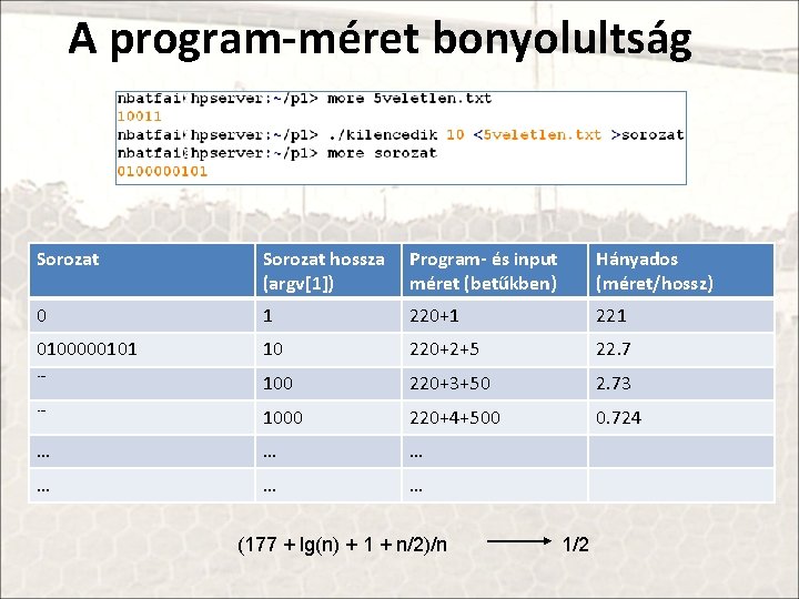 A program-méret bonyolultság Sorozat hossza (argv[1]) Program- és input méret (betűkben) Hányados (méret/hossz) 0