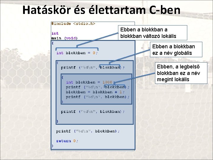 Hatáskör és élettartam C-ben Ebben a blokkban változó lokális Ebben a blokkban ez a