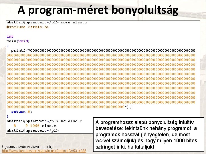 A program-méret bonyolultság Ugyanez Javában: Javát tanítok, http: //www. tankonyvtar. hu/main. php? object. ID=5314387