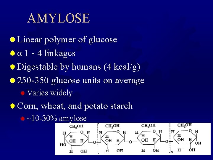 AMYLOSE ® Linear polymer of glucose ® α 1 - 4 linkages ® Digestable