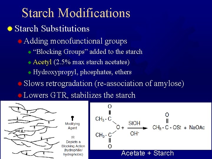 Starch Modifications ® Starch Substitutions ® Adding monofunctional groups “Blocking Groups” added to the