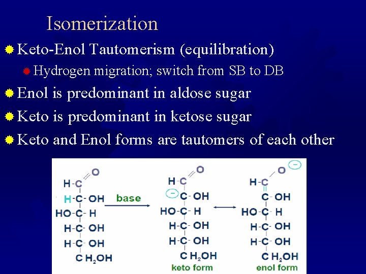 Isomerization ® Keto-Enol Tautomerism (equilibration) ® Hydrogen migration; switch from SB to DB ®
