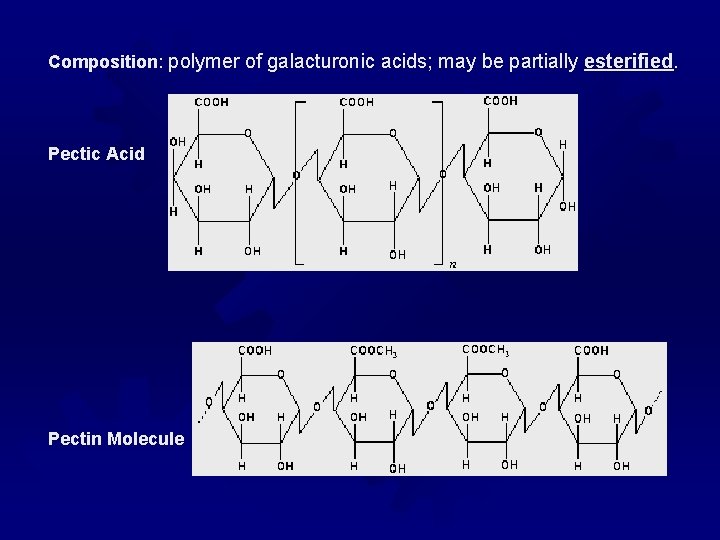 Composition: polymer of galacturonic acids; may be partially esterified Pectic Acid Pectin Molecule 