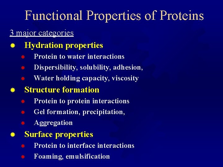 Functional Properties of Proteins 3 major categories ® Hydration properties ® ® Structure formation