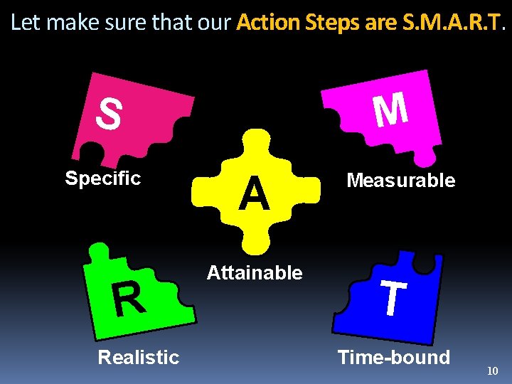 Let make sure that our Action Steps are S. M. A. R. T. S
