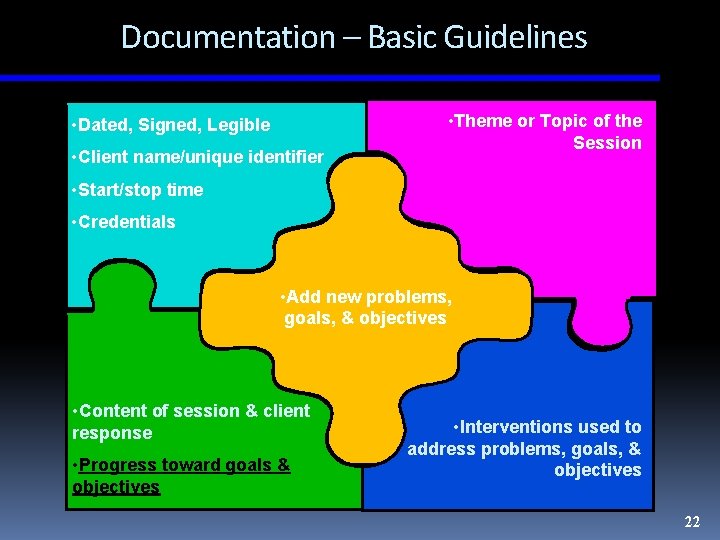 Documentation – Basic Guidelines • Dated, Signed, Legible • Client name/unique identifier • Theme