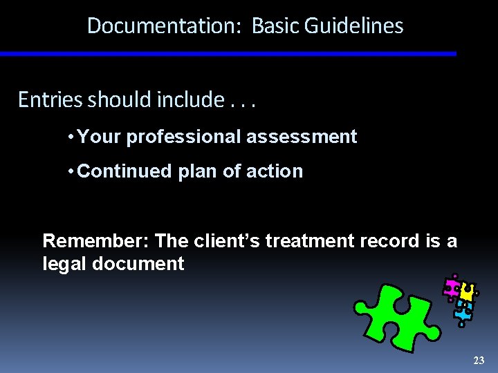 Documentation: Basic Guidelines Entries should include. . . • Your professional assessment • Continued