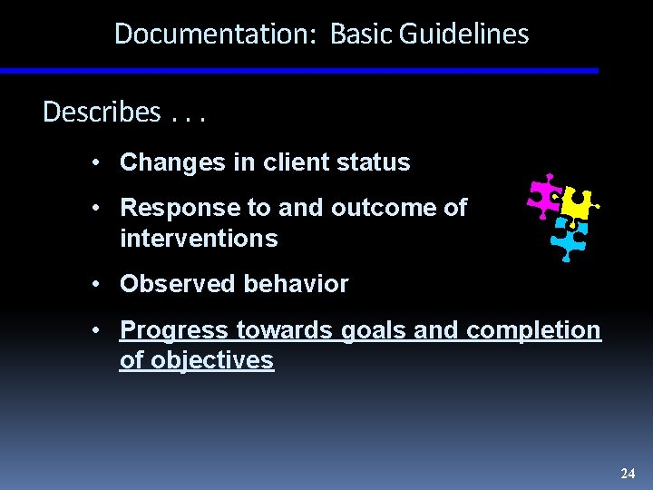 Documentation: Basic Guidelines Describes. . . • Changes in client status • Response to