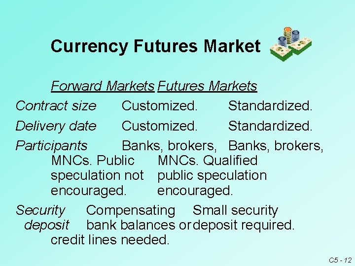 Currency Futures Market Forward Markets Futures Markets Contract size Customized. Standardized. Delivery date Customized. Currency Futures Market Forward Markets Futures Markets Contract size Customized. Standardized. Delivery date Customized.