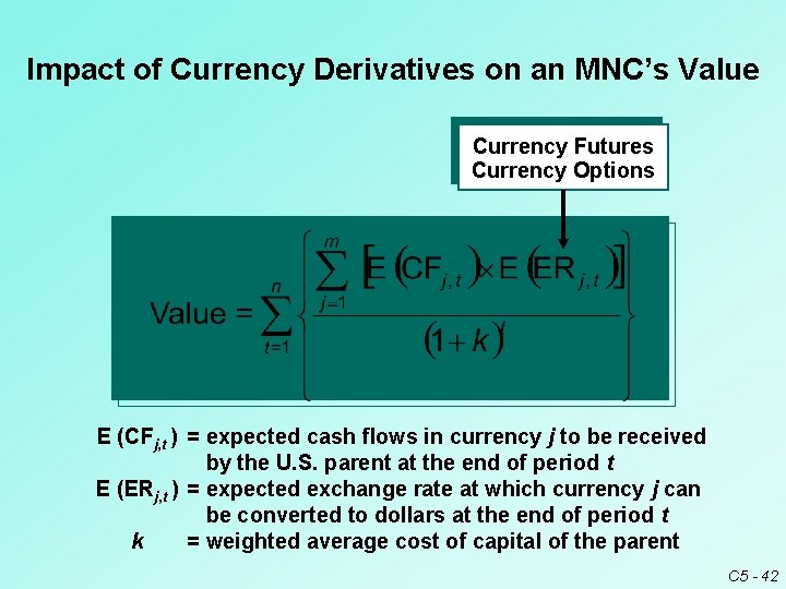 Impact of Currency Derivatives on an MNC’s Value Currency Futures Currency Options E (CFj, Impact of Currency Derivatives on an MNC’s Value Currency Futures Currency Options E (CFj,