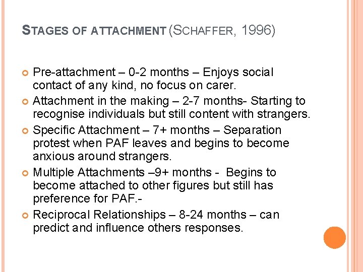 STAGES OF ATTACHMENT (SCHAFFER, 1996) Pre-attachment – 0 -2 months – Enjoys social contact STAGES OF ATTACHMENT (SCHAFFER, 1996) Pre-attachment – 0 -2 months – Enjoys social contact