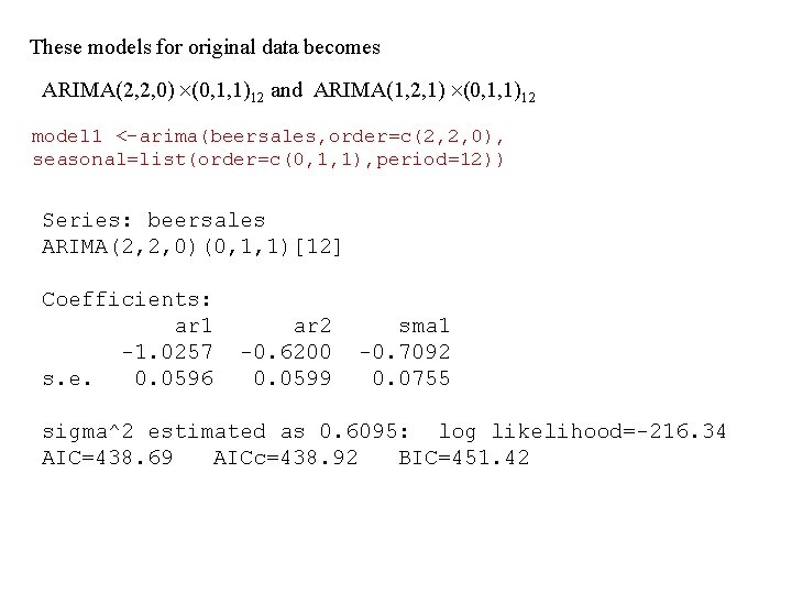 These models for original data becomes ARIMA(2, 2, 0) (0, 1, 1)12 and ARIMA(1,