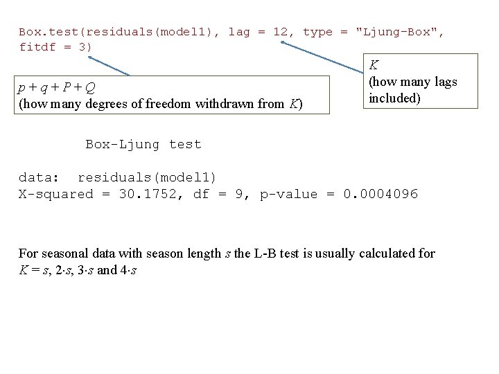 Box. test(residuals(model 1), lag = 12, type = "Ljung-Box", fitdf = 3) p+q+P+Q (how