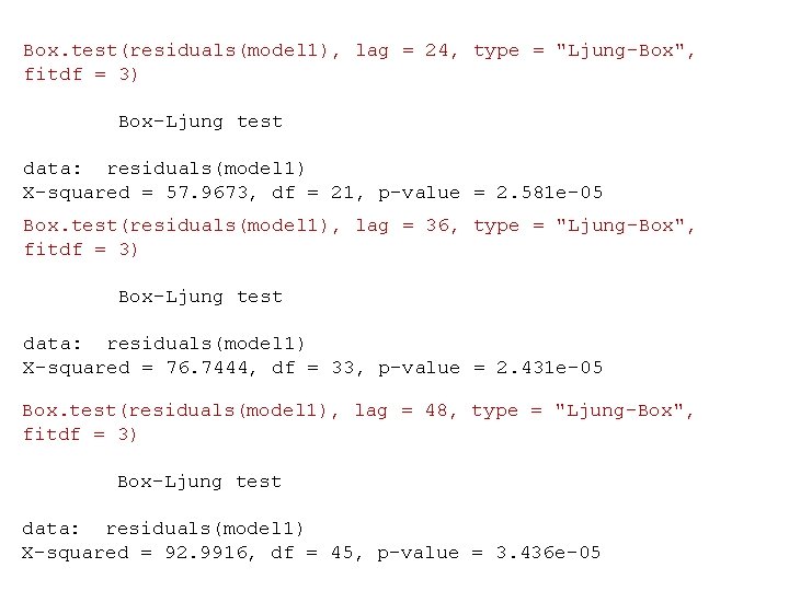 Box. test(residuals(model 1), lag = 24, type = "Ljung-Box", fitdf = 3) Box-Ljung test