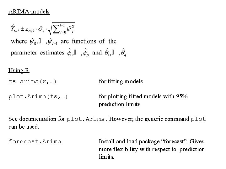 ARIMA-models Using R ts=arima(x, …) for fitting models plot. Arima(ts, …) for plotting fitted