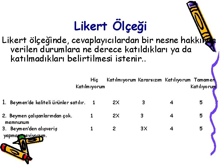 Likert Ölçeği Likert ölçeğinde, cevaplayıcılardan bir nesne hakkında verilen durumlara ne derece katıldıkları ya