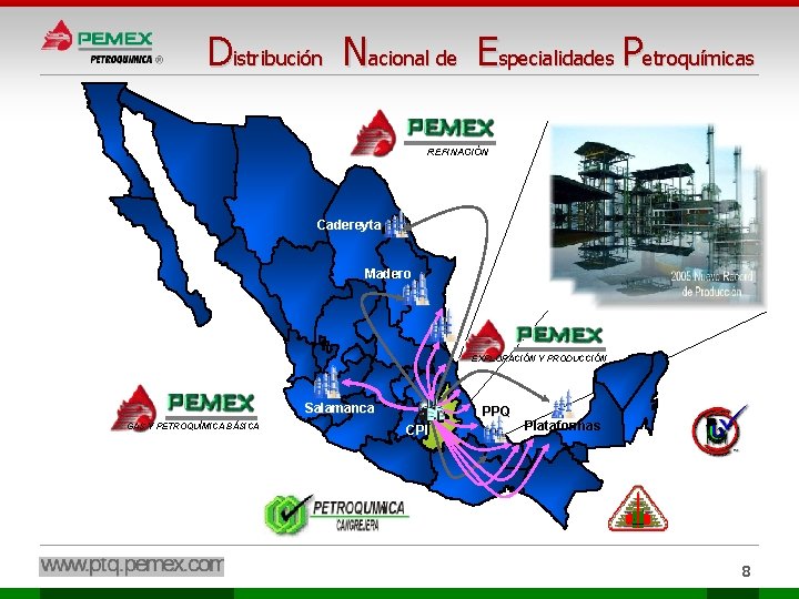 Distribución Nacional de Especialidades Petroquímicas REFINACIÓN Cadereyta Madero EXPLORACIÓN Y PRODUCCIÓN Salamanca GAS Y Distribución Nacional de Especialidades Petroquímicas REFINACIÓN Cadereyta Madero EXPLORACIÓN Y PRODUCCIÓN Salamanca GAS Y