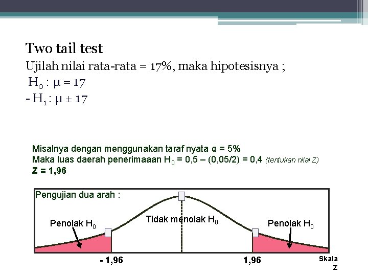 Two tail test Ujilah nilai rata-rata = 17%, maka hipotesisnya ; H 0 :