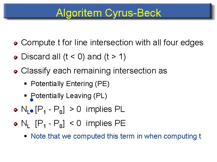 Algoritem Cyrus-Beck Compute t for line intersection with all four edges Discard all (t