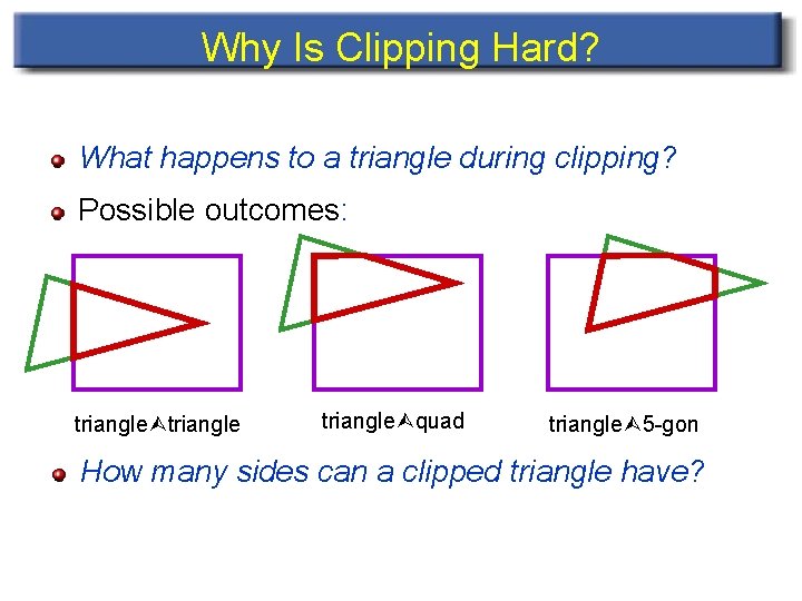 Why Is Clipping Hard? What happens to a triangle during clipping? Possible outcomes: triangle