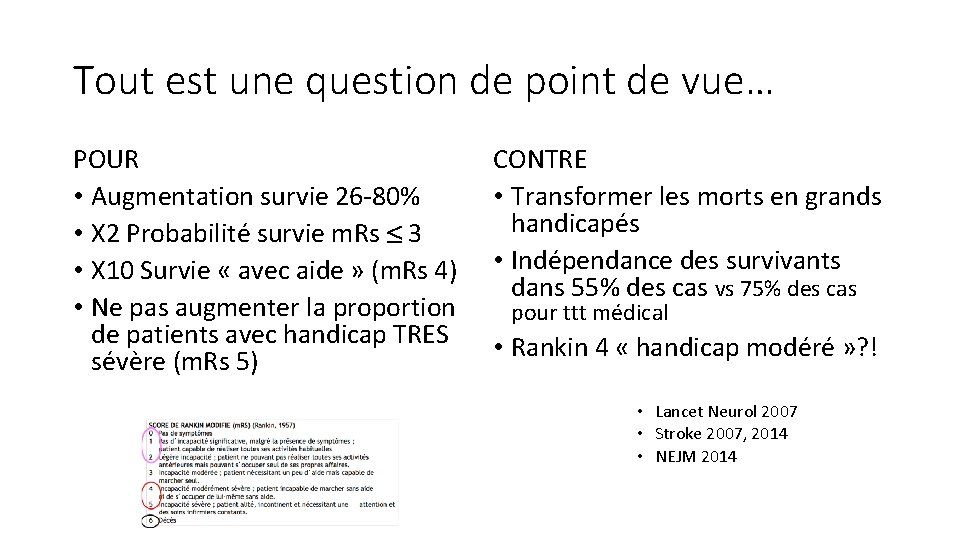 Tout est une question de point de vue… POUR • Augmentation survie 26 -80%