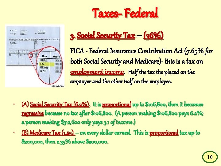 Taxes- Federal 3. Social Security Tax – (36%) FICA - Federal Insurance Contribution Act
