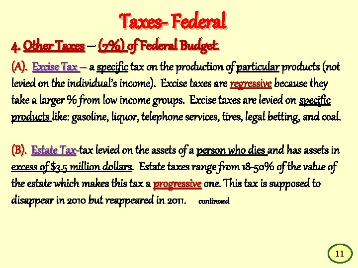 Taxes- Federal 4. Other Taxes – (7%) of Federal Budget. (A). Excise Tax –