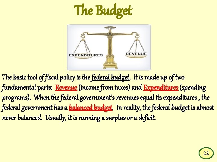 The Budget The basic tool of fiscal policy is the federal budget. It is