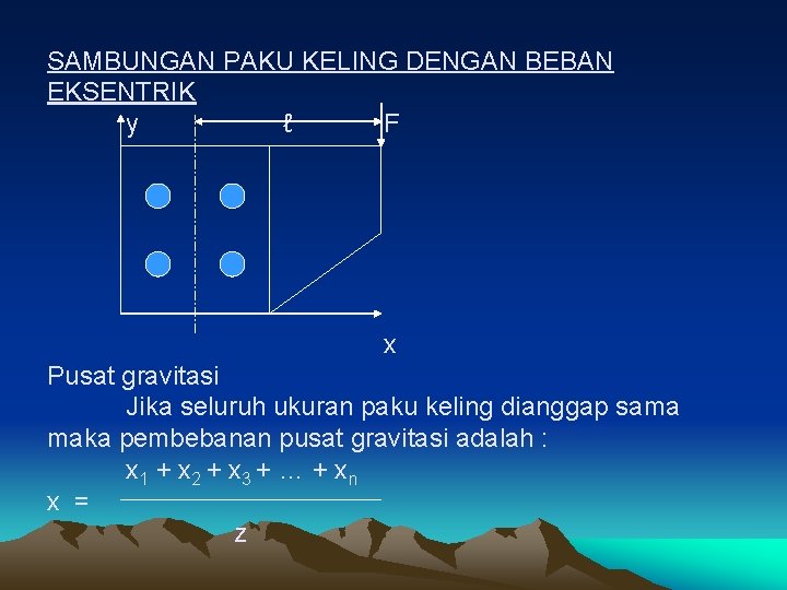 SAMBUNGAN PAKU KELING DENGAN BEBAN EKSENTRIK y ℓ F x Pusat gravitasi Jika seluruh