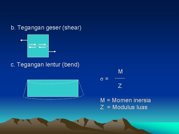 b. Tegangan geser (shear) c. Tegangan lentur (bend) M σ= Z M = Momen