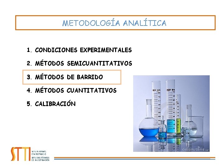 METODOLOGÍA ANALÍTICA 1. CONDICIONES EXPERIMENTALES 2. MÉTODOS SEMICUANTITATIVOS 3. MÉTODOS DE BARRIDO 4. MÉTODOS