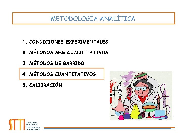 METODOLOGÍA ANALÍTICA 1. CONDICIONES EXPERIMENTALES 2. MÉTODOS SEMICUANTITATIVOS 3. MÉTODOS DE BARRIDO 4. MÉTODOS