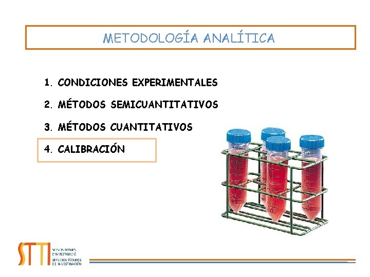 METODOLOGÍA ANALÍTICA 1. CONDICIONES EXPERIMENTALES 2. MÉTODOS SEMICUANTITATIVOS 3. MÉTODOS CUANTITATIVOS 4. CALIBRACIÓN 