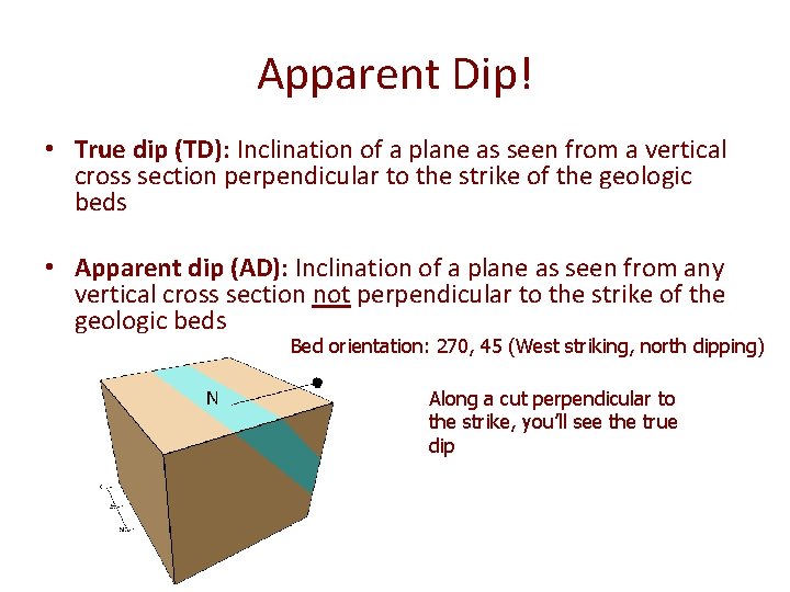 Apparent Dip! • True dip (TD): Inclination of a plane as seen from a Apparent Dip! • True dip (TD): Inclination of a plane as seen from a