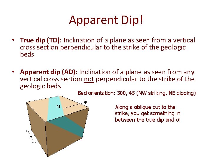 Apparent Dip! • True dip (TD): Inclination of a plane as seen from a Apparent Dip! • True dip (TD): Inclination of a plane as seen from a
