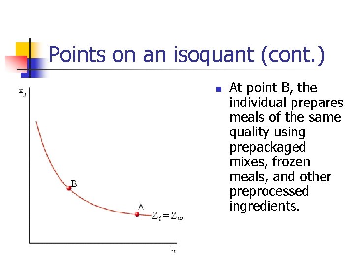 Points on an isoquant (cont. ) n At point B, the individual prepares meals