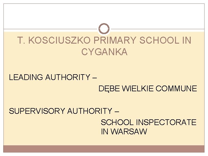 T. KOSCIUSZKO PRIMARY SCHOOL IN CYGANKA LEADING AUTHORITY – DĘBE WIELKIE COMMUNE SUPERVISORY AUTHORITY